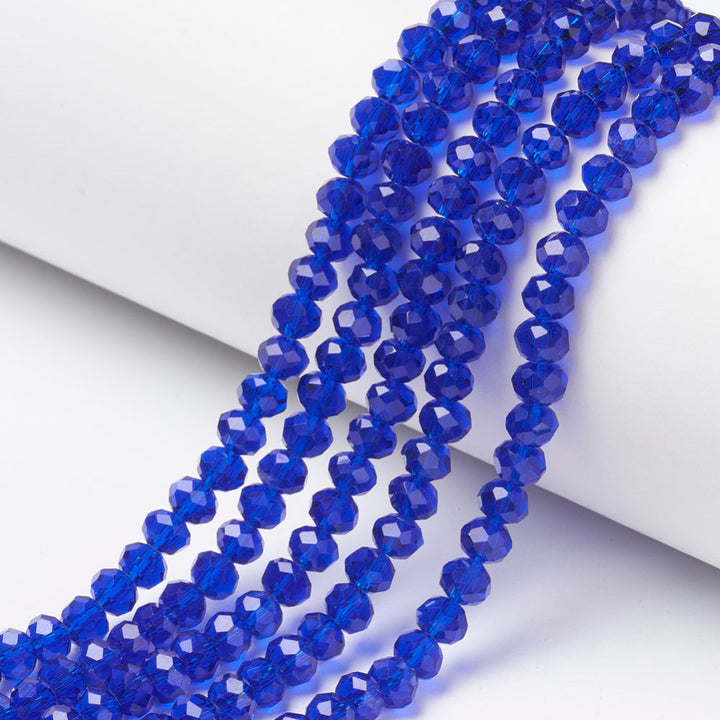 Glass Beads, Faceted, Royal Blue Color, Rondelle, Glass Crystal Bead Strands. Shinny, Premium Quality Crystal Beads for Jewelry Making.  Size: 8mm Diameter, 6mm Thick, Hole: 1mm; approx. 65pcs/strand, 16" inches long.  Material: The Beads are Made from Glass. Glass Crystal Beads, Rondelle, Deep Royal Blue Colored Beads. Austrian Crystal Imitation. Polished, Shinny Finish.