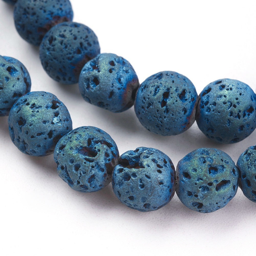 Lava Stone Beads, Round, Bumpy, Electroplated, Dark Blue Color Lava Beads. Semi-Precious Lava Stone Beads.  Size: 8-8.5mm Diameter, Hole: 1mm; approx. 46pcs/strand, 15" inches long.  Material: Porous Lava Stone Beads, Dyed, Dark Blue, Bumpy, Round Beads. Lava Stones are Fairly Lightweight; Making them Great for Jewelry. Affordable, High Quality Beads.