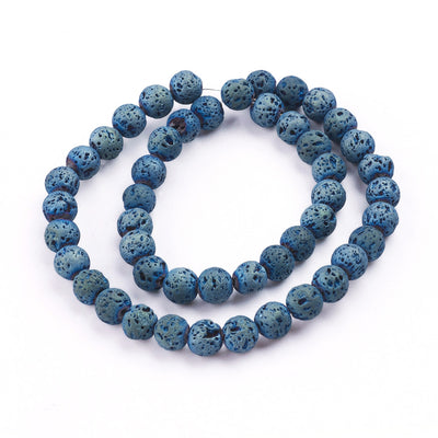 Lava Stone Beads, Round, Bumpy, Electroplated, Dark Blue Color Lava Beads. Semi-Precious Lava Stone Beads.  Size: 8-8.5mm Diameter, Hole: 1mm; approx. 46pcs/strand, 15" inches long.  Material: Porous Lava Stone Beads, Dyed, Dark Blue, Bumpy, Round Beads. Lava Stones are Fairly Lightweight; Making them Great for Jewelry. Affordable, High Quality Beads.