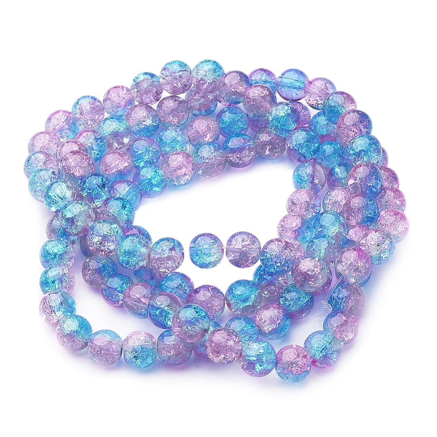 Popular Crackle Glass Beads, Round, Blue/Pink Color. Glass Beads for DIY Jewelry Making. Affordable Crackle Beads.  Size: 8mm Diameter Hole: 1mm; approx. 100pcs/strand, 30" Inches Long  Material: The Beads are Made from Glass. Crackle Glass Beads. Crackle Blue Pink Colored Beads. Polished, Shinny Finish