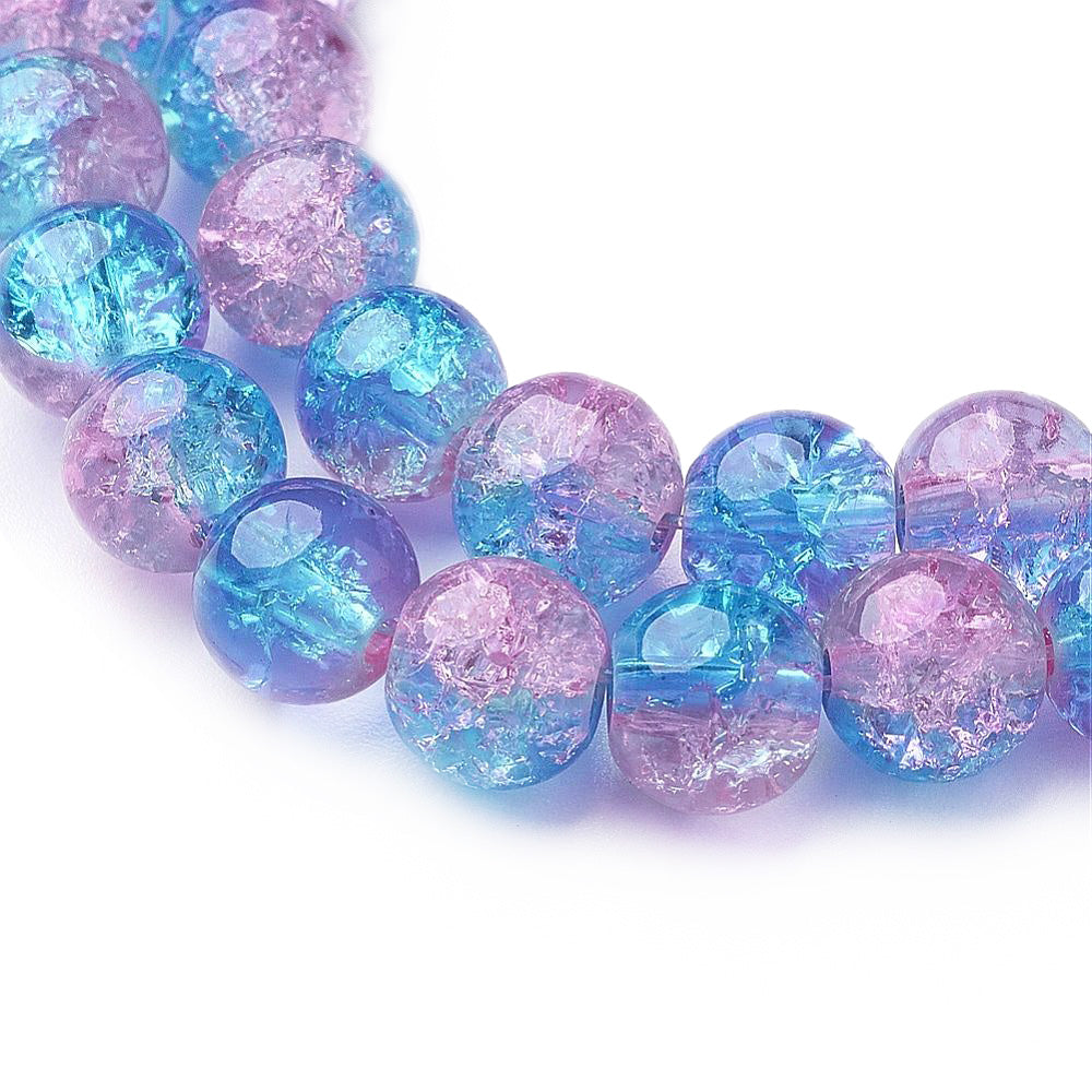 Popular Crackle Glass Beads, Round, Blue/Pink Color. Glass Beads for DIY Jewelry Making. Affordable Crackle Beads.  Size: 8mm Diameter Hole: 1mm; approx. 100pcs/strand, 30" Inches Long  Material: The Beads are Made from Glass. Crackle Glass Beads. Crackle Blue Pink Colored Beads. Polished, Shinny Finish