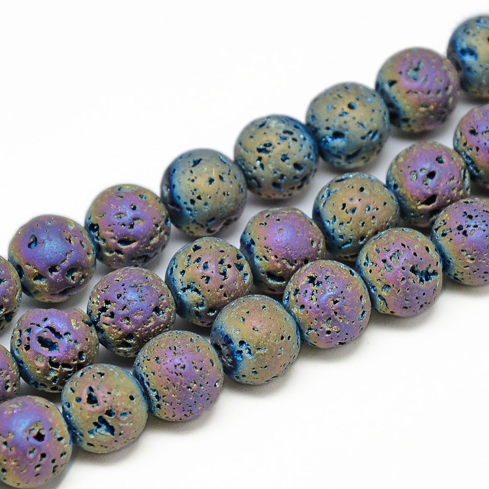 Lava Stone Beads, Round, Bumpy, Electroplated, Blue Purple Color Lava Beads. Semi-Precious Lava Stone Beads.  Size: 8-8.5mm Diameter, Hole: 1mm; approx. 46pcs/strand, 15" inches long.  Material: Porous Lava Stone Beads, Dyed, Blue Purple, Bumpy, Round Beads. Lava Stones are Fairly Lightweight; Making them Great for Jewelry. Affordable, High Quality Beads.