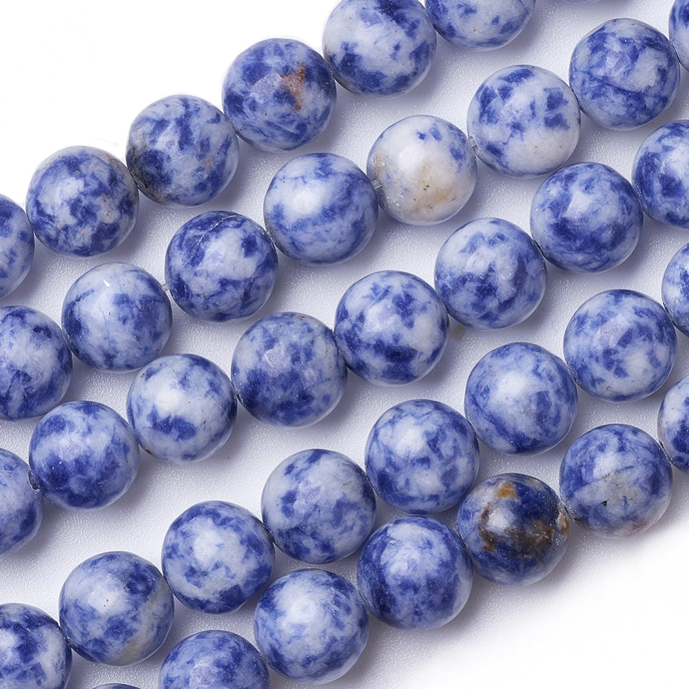 Natural Blue Spot Jasper Beads, Round, Cornflower Blue Color. Semi-Precious Stone Jasper Beads for Jewelry Making. Affordable Beads for Stretch Bracelets.  Size: 10mm Diameter, Hole: 1mm; approx. 38pcs/strand, 15" inches long.  Material: The Beads are Natural Blue Spot Jasper Stone. Cornflower Blue Color. Polished, Shinny Finish.
