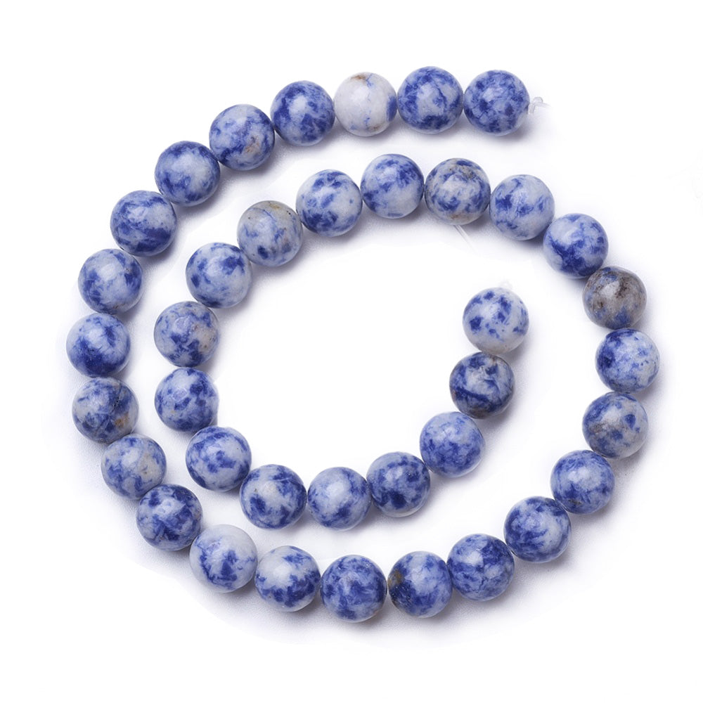 Natural Blue Spot Jasper Beads, Round, Cornflower Blue Color. Semi-Precious Stone Jasper Beads for Jewelry Making. Affordable Beads for Stretch Bracelets.  Size: 10mm Diameter, Hole: 1mm; approx. 38pcs/strand, 15" inches long.  Material: The Beads are Natural Blue Spot Jasper Stone. Cornflower Blue Color. Polished, Shinny Finish.