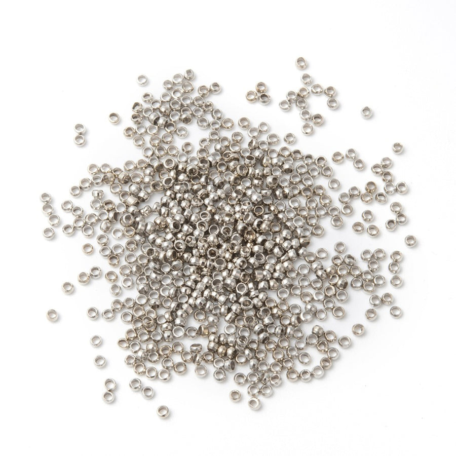 Platinum Silver Colored Brass Crimping Beads DIY Jewelry Making.  Size: 2x2mm approx. 250pcs/pkg  Material: Brass Rondelle Crimp Beads, Platinum Silver Color.