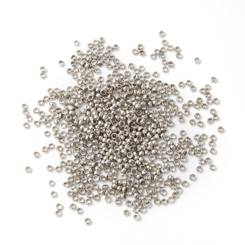 Platinum Silver Colored Brass Crimping Beads DIY Jewelry Making.  Size: 2x2mm approx. 250pcs/pkg  Material: Brass Rondelle Crimp Beads, Platinum Silver Color.