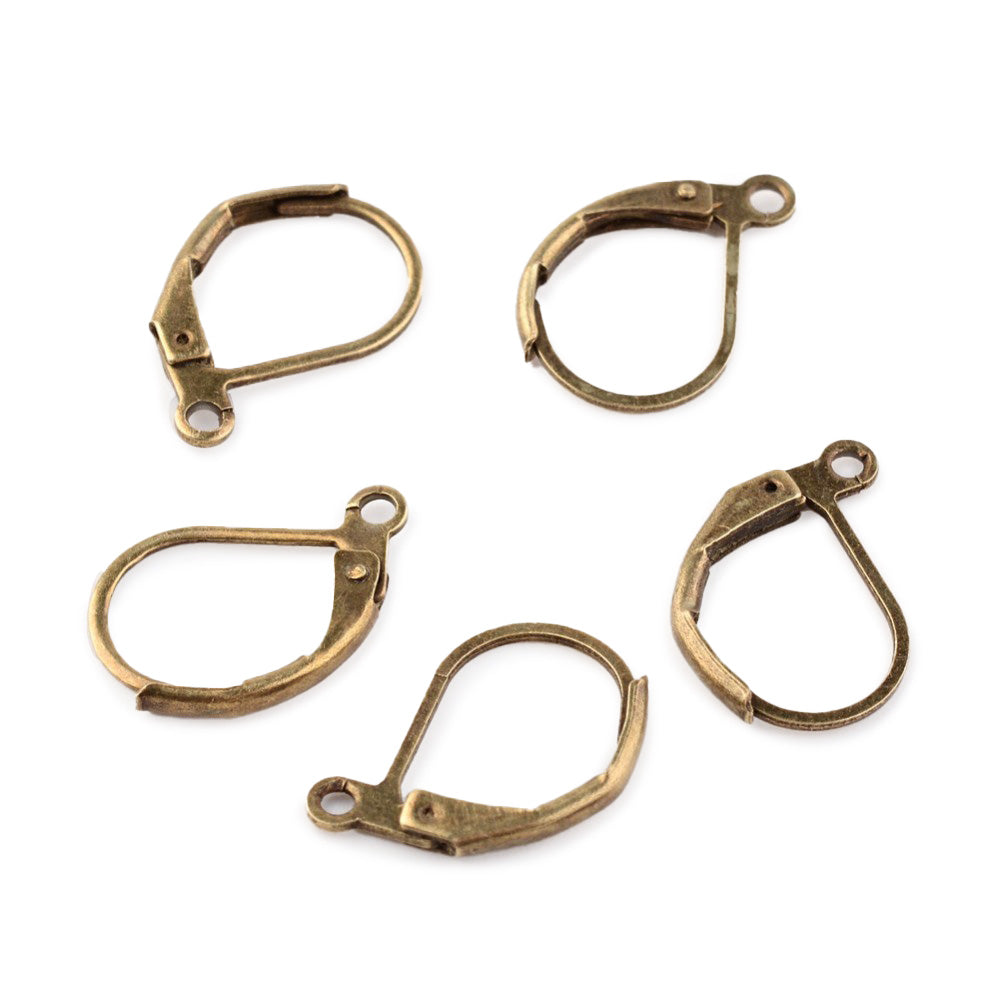 Brass Leverback Earrings with loop, Antique Bronze Color.  Size: 10mm Width, 15mm Length, Hole: 1mm, 10 pcs/package.  Material: Brass Leverback Earring. Antique Bronze Color, Shinny Finish.  Wide Application: The Lever back loop earrings are Suitable for making Your Own Earrings. Great Addition to Your Jewelry Making Collection.