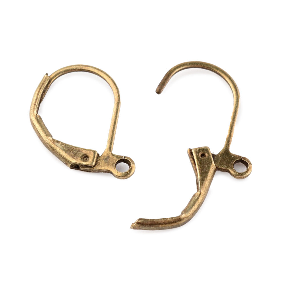Brass Leverback Earrings with loop, Antique Bronze Color.  Size: 10mm Width, 15mm Length, Hole: 1mm, 10 pcs/package.  Material: Brass Leverback Earring. Antique Bronze Color, Shinny Finish.  Wide Application: The Lever back loop earrings are Suitable for making Your Own Earrings. Great Addition to Your Jewelry Making Collection.