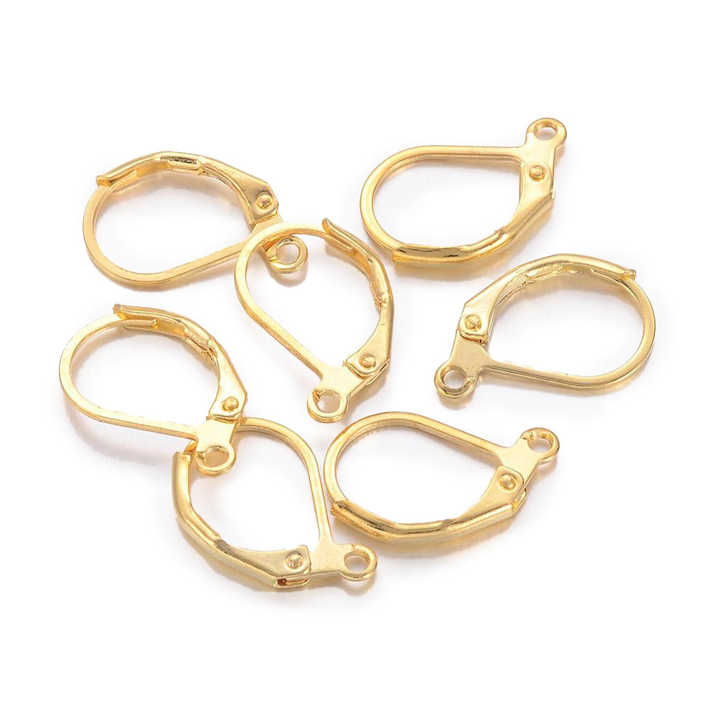 Brass Leverback Earrings with loop, Antique Gold Color.  Size: 10mm Width, 15mm Length, Hole: 1mm, 10 pcs/package.  Material: Brass Leverback Earring. Antique Gold Color, Shinny Finish.  Wide Application: The Lever back loop earrings are Suitable for making Your Own Earrings. Great Addition to Your Jewelry Making Collection.