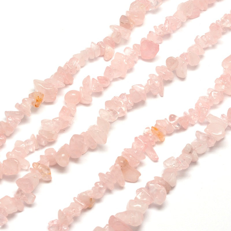 Natural Rose Quartz Chip Bead Strands, Round, Pale Soft Pink Color. Semi-Precious Stone Chip Beads for Jewelry Making. Affordable High Quality Beads for Jewelry Making.  Size: approx. 5~8mm wide, 5~8mm long, hole: 1mm; about 31.5 inches long.