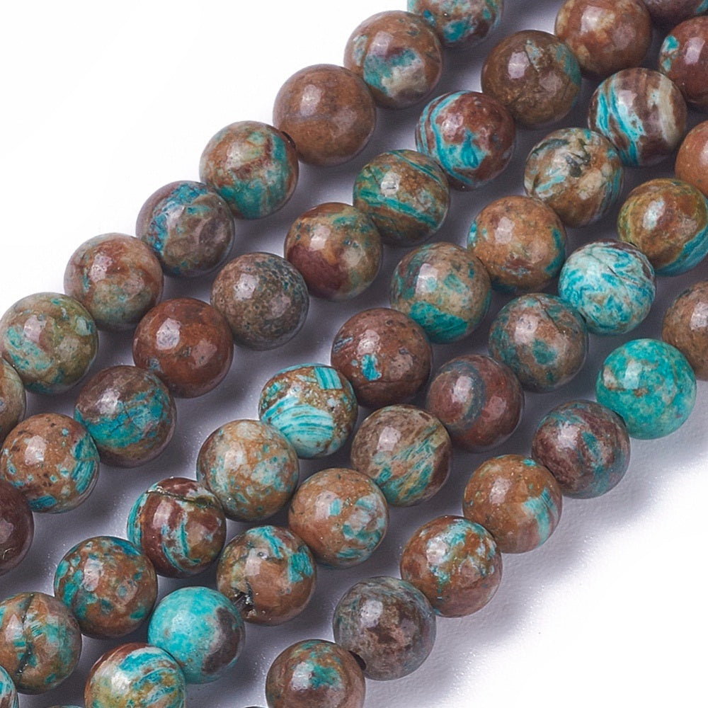 Gorgeous Natural Ocean Jasper Beads, Round, Turquoise Blue and Brown Color. Semi-Precious Gemstone Beads for DIY Jewelry Making. Great for Mala Bracelets.  Size: 4mm Diameter, Hole: 0.5mm; approx. 85pcs/strand, 15" Inches Long.