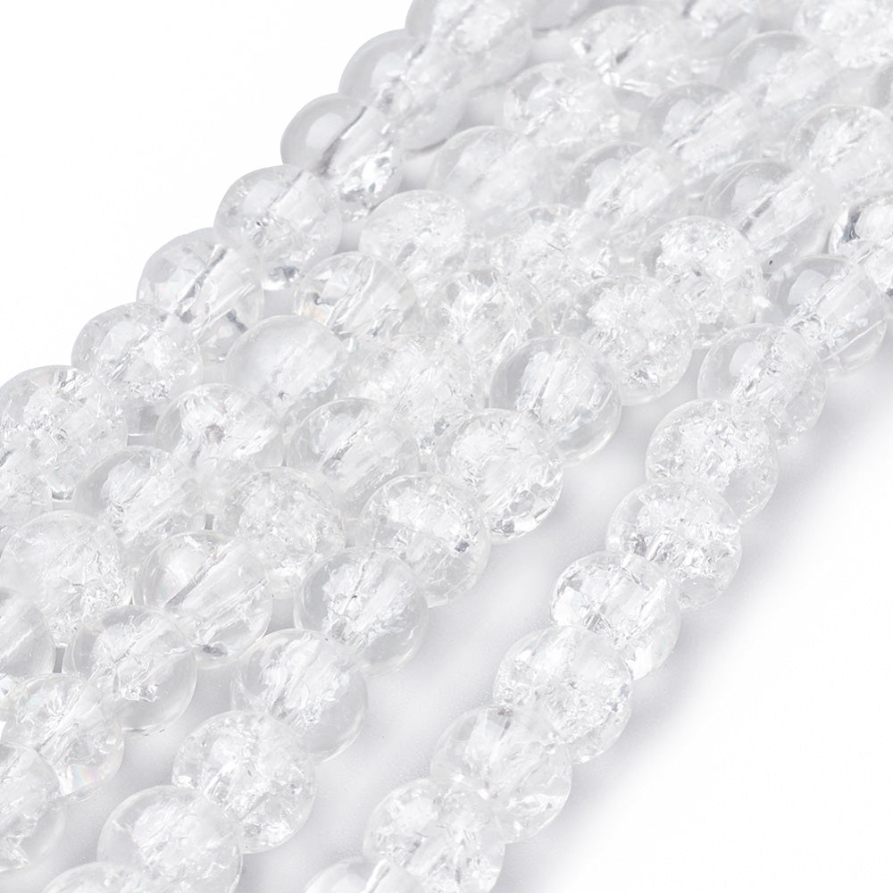Popular Crackle Glass Beads, Round, Clear Color. Glass Bead Strands for DIY Jewelry Making. Affordable, Colorful Crackle Beads. Great for Stretch Bracelets.  Size: 6mm Diameter Hole: 1.3mm; approx. 125pcs/strand, 31" Inches Long.