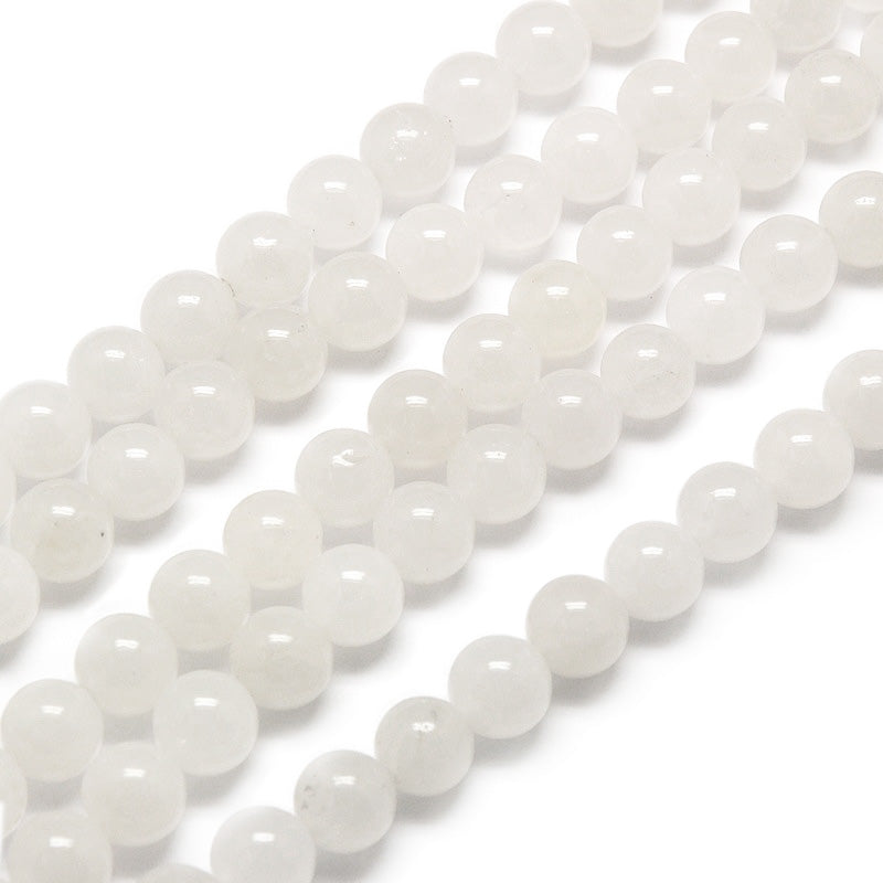 White Jade Beads, Round, Clear White Color. Semi-Precious Crystal Gemstone Beads for Jewelry Making.   Size: 6mm Diameter, Hole: 1mm; approx. 61pcs/strand, 15" Inches Long.  Material: Natural White Jade. Clear White Color. Polished, Shinny Finish.
