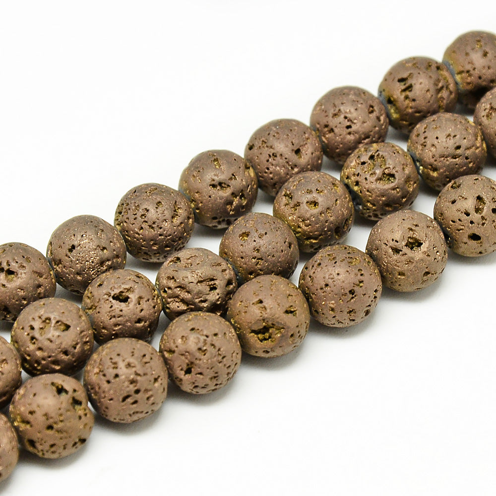 Lava Stone Beads, Round, Bumpy, Electroplated, Copper Brown Color Lava Beads. Semi-Precious Lava Stone Beads.  Size: 8-8.5mm Diameter, Hole: 1mm; approx. 46pcs/strand, 15" inches long.  Material: Porous Lava Stone Beads, Dyed, Copper Brown, Bumpy, Round Beads. Lava Stones are Fairly Lightweight; Making them Great for Jewelry. Affordable, High Quality Beads.