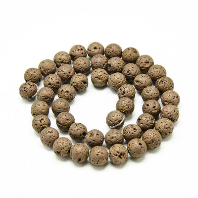 Lava Stone Beads, Round, Bumpy, Electroplated, Copper Brown Color Lava Beads. Semi-Precious Lava Stone Beads.  Size: 8-8.5mm Diameter, Hole: 1mm; approx. 46pcs/strand, 15" inches long.  Material: Porous Lava Stone Beads, Dyed, Copper Brown, Bumpy, Round Beads. Lava Stones are Fairly Lightweight; Making them Great for Jewelry. Affordable, High Quality Beads.