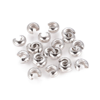 Platinum Silver Colored Brass Crimping Beads Covers for DIY Jewelry Making.  Size: 4mm Diameter, approx. 25pcs/pkg  Material: Brass Crimp Bead Cover, Platinum Silver Color.