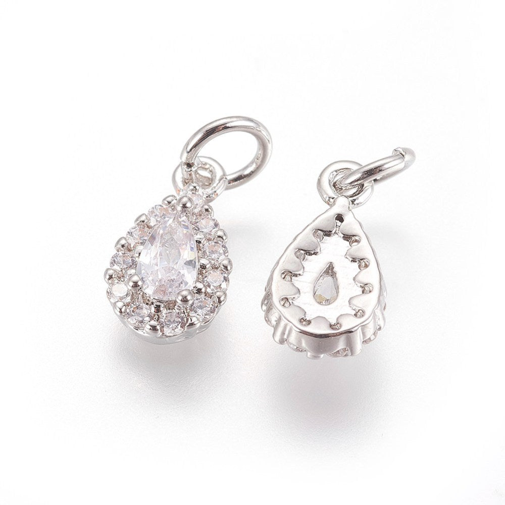 Brass Micro Pave Cubic Zirconia Tear Drop Charm Beads. Platinum Color Charm with Clear Cubic Zirconia for DIY Jewelry Making. Charms for Bracelet and Necklace Making. www.beadlot.com