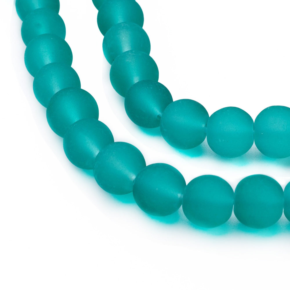 Frosted Glass Beads, Round, Cyan Green Color. Matte Glass Bead Strands for DIY Jewelry Making. Affordable, Colorful Frosted Beads. Great for Stretch Bracelets.  Size: 8mm Diameter Hole: 2mm; approx. 105pcs/strand, 31" Inches Long.  Material: The Beads are Made from Glass. Frosted Glass Beads, Cyan Green Colored Beads. Unpolished, Matte Finish.