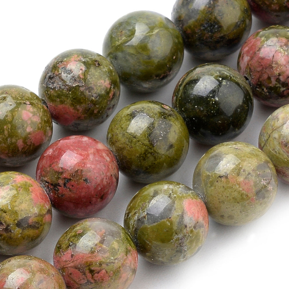 Natural Unakite Bead Strands, Round, Green Color. Semi-Precious Gemstone Beads for Jewelry Making. These Beads are Great for Stretch Bracelets.  Size: 6mm in diameter, hole: 1mm; approx. 60pcs/strand, 15" inches long.  Material: The Beads are Natural Unakite Jasper Stone. Polished, Shinny Finish.