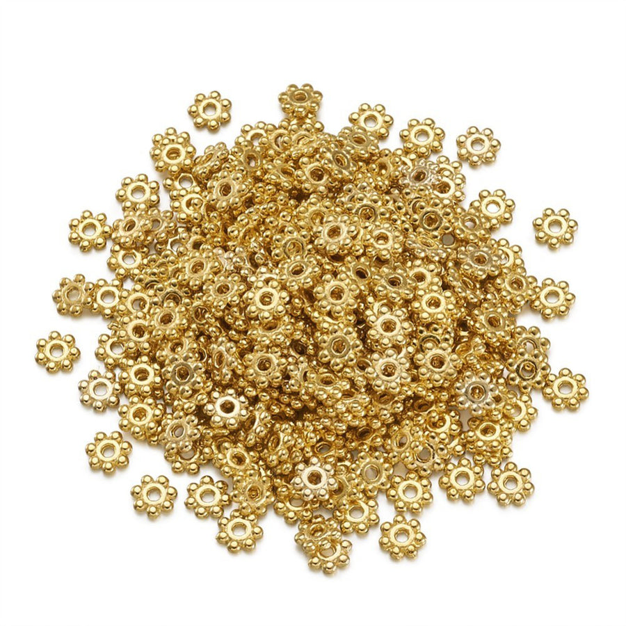 Tibetan Style Alloy Spacer Beads, Gear, Antique Gold Color. Daisy Spacers for DIY Jewelry Making Projects. Affordable, Versatile Spacers for Beading Projects.  Size: 4.5mm Diameter, 15mm Thick;  Hole: 1mm, approx. 100pcs/bag. 