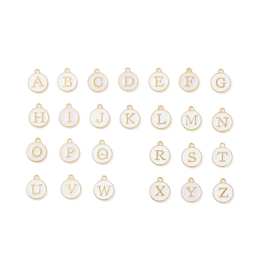 A-Z Alphabet Alloy Enamel Charms, Initial Charms. ABC Letter Charms, White Color with Light Gold Plating for DIY Jewelry Making.  Size: 14mm Length, 12mm Width, 2mm Thick, Hole: 1.5mm, Qty: 26pcs/package.  Material: Alloy (Cadmium, & Lead Free) White Enamel with Light Gold Plating.