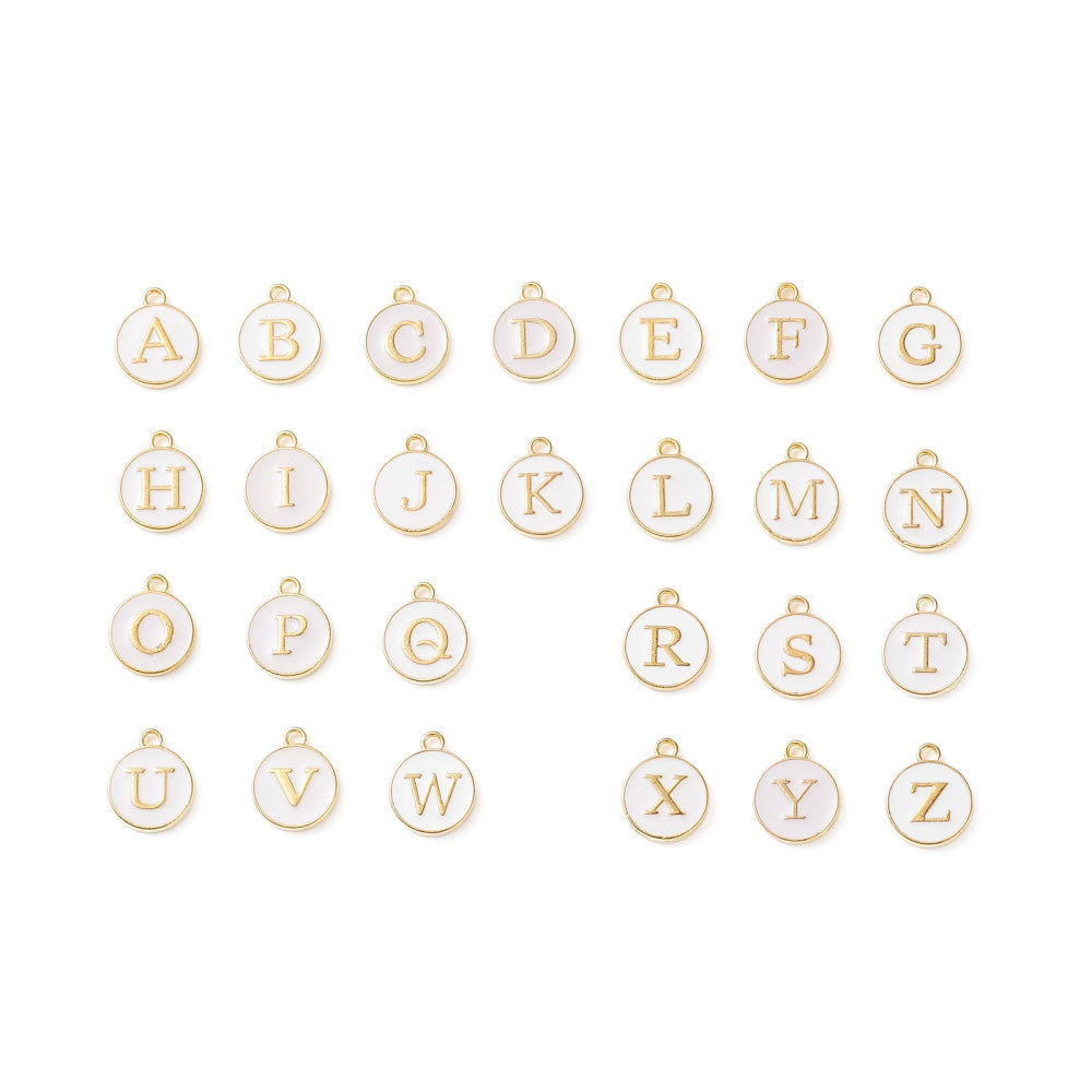 A-Z Alphabet Alloy Enamel Charms, Initial Charms. ABC Letter Charms, White Color with Light Gold Plating for DIY Jewelry Making.  Size: 14mm Length, 12mm Width, 2mm Thick, Hole: 1.5mm, Qty: 26pcs/package.  Material: Alloy (Cadmium, & Lead Free) White Enamel with Light Gold Plating.