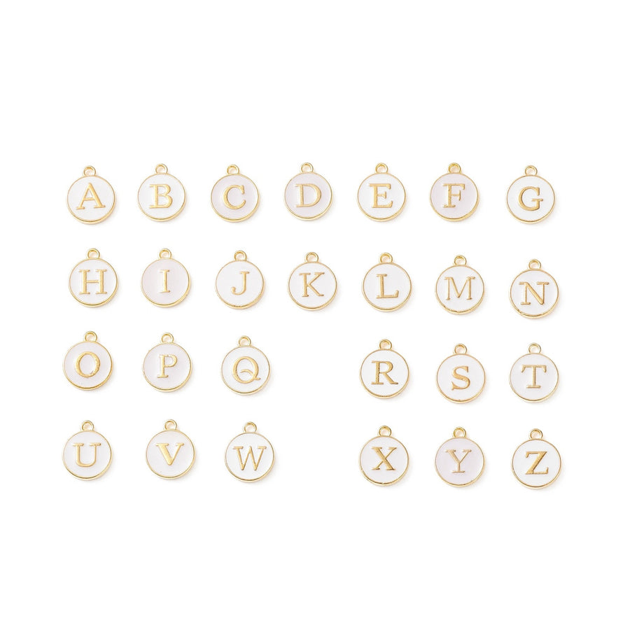 A-Z Alphabet Alloy Enamel Charms, Initial Charms. ABC Letter Charms, White Color with Light Gold Plating for DIY Jewelry Making.  Size: 14mm Length, 12mm Width, 2mm Thick, Hole: 1.5mm, Qty: 26pcs/package.  Material: Alloy (Cadmium, & Lead Free) White Enamel with Light Gold Plating.