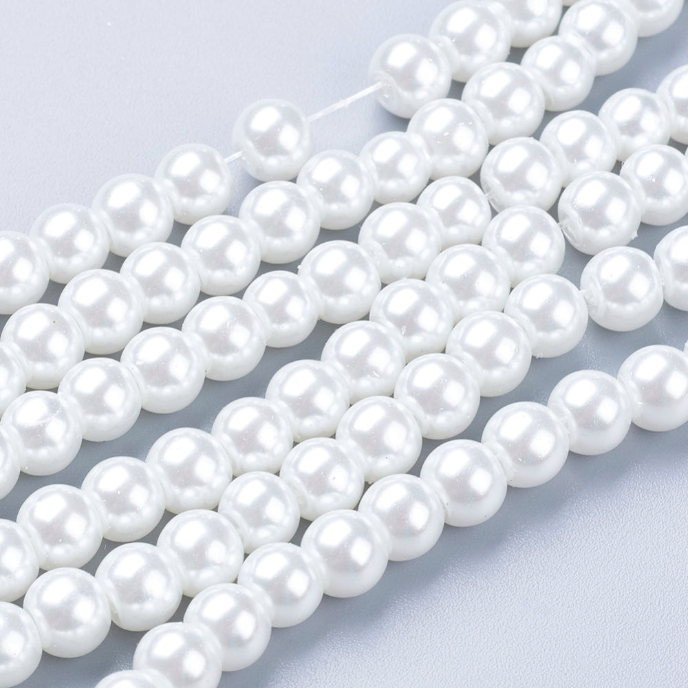 Glass Pearl Bead Strands, Round, White Color. Shinny Pearl Beads for Jewelry Making. Size: 8mm in diameter, hole: 1mm; approx. 105pcs/strand, 32 inches long.  Material: The Beads are Made from Glass. Glass, Pearlized, Round, White Color Beads. Polished, Shinny Finish.