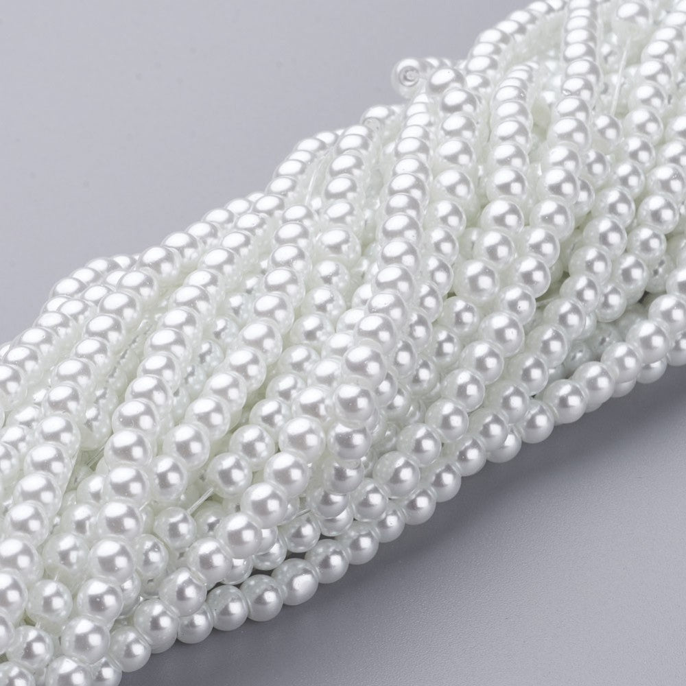 Glass Pearl Beads, Round, White Color. Affordable Glass Pearl Beads for Jewelry Making.