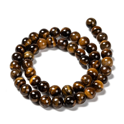 Natural Tiger Eye Beads, Round, Yellow Color. Semi-precious Gemstone Tiger Eye Beads for DIY Jewelry Making.  High Quality Beads for Making Mala Bracelets.  Size: 8mm Diameter, Hole: 1mm, approx. 48pcs/strand, 15 inches long.  Material: Grade AB, Genuine Natural Tiger Eye Loose Stone Beads, High Quality Polished Stone Beads. Shinny, Polished Finish. 