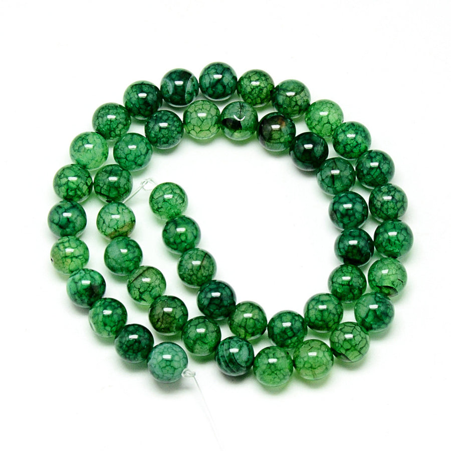 Dragon Veins Agate Beads, Dyed Green, Round, Polished Beads. Semi-Precious Gemstone Beads for Jewelry Making.  Size: 8mm Diameter, Hole: 1mm; approx. 46pcs/strand, 14.5" Inches Long.  Material: Dragon Veins Agate Beads, Green Color, Shinny Polished Finish.