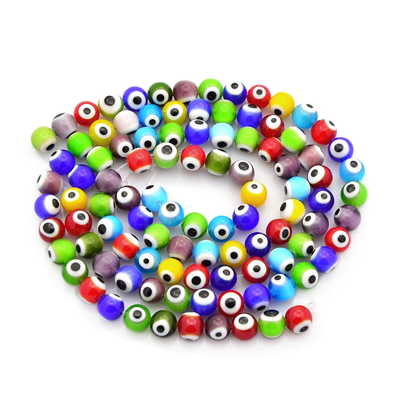 Glass Evil Eye Lampwork Beads, Spacer Beads, Round, Multi Color. Evil Eye Glass Beads for DIY Jewelry Making Projects. Evil Eye Spacer Beads. Perfect for Stretch Bracelets.  Size: 8mm Diameter, Hole: 1mm, approx. 50pcs/strand, 16" inches long.  Material: Handmade Evil Eye Lampwork Beads.  Round, Glass Spacer Beads. Mixed Color, Evil Eye Theme. Polished, Shinny Finish. www.beadlot.com