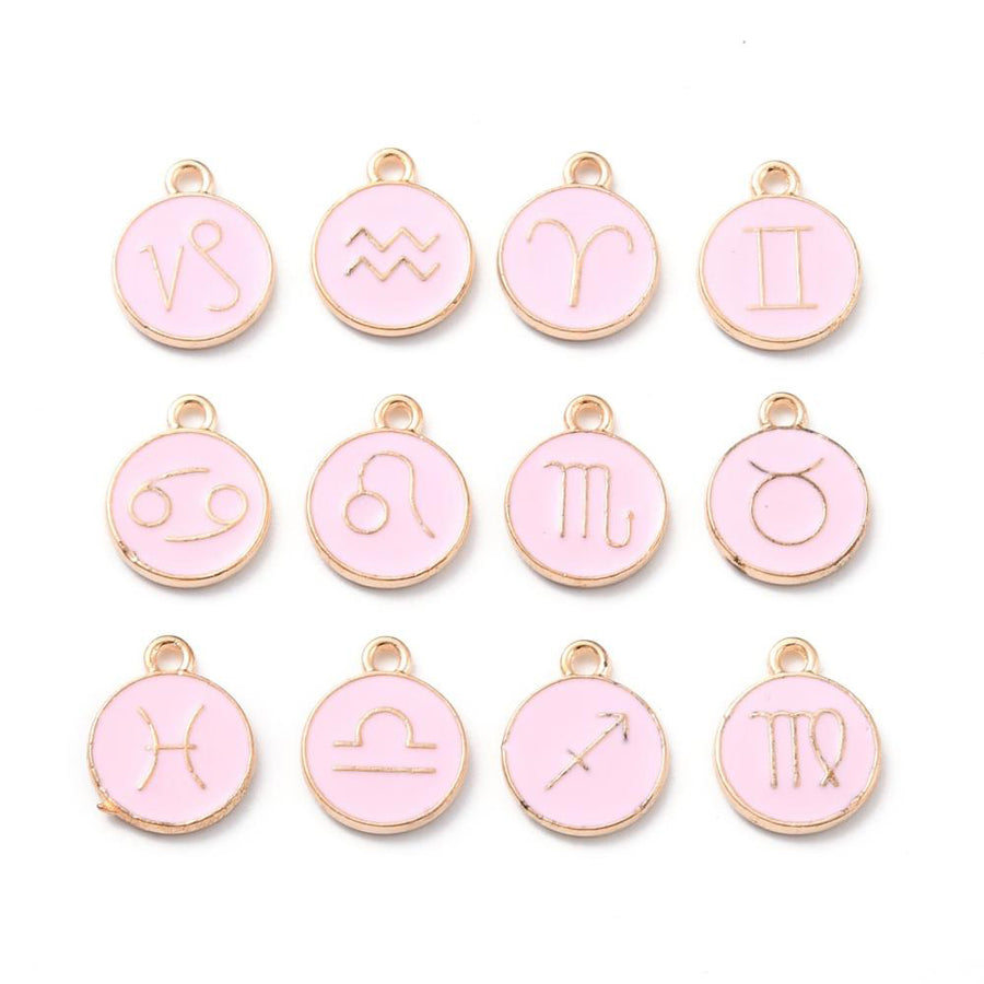 Zodiac Enamel Charms, Light Gold Plated, Soft Light Pink Color. Round, Flat Pendants for DIY Jewelry Making. Add a Personal Touch to Your Jewelry Creations.  Size: approx.15mm Long, 12mm Diameter, 2mm Thick. Hole Size: 1.5mm, 12pcs/bag.  Material: Alloy Enamel Pendants. Gold Plated, Zodiac Charms. Light Pink Color, Shinny Finish. 