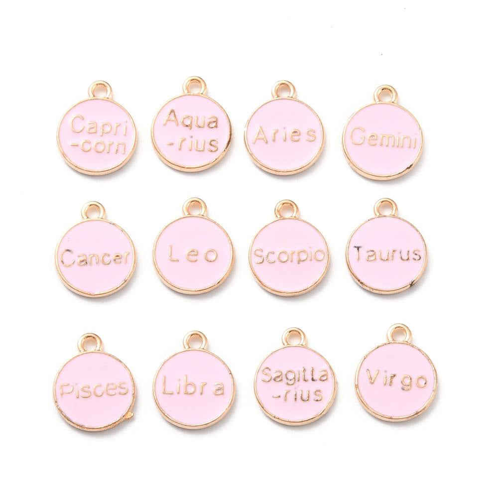 Zodiac Enamel Charms, Light Gold Plated, Soft Light Pink Color. Round, Flat Pendants for DIY Jewelry Making. Add a Personal Touch to Your Jewelry Creations.  Size: approx.15mm Long, 12mm Diameter, 2mm Thick. Hole Size: 1.5mm, 12pcs/bag.  Material: Alloy Enamel Pendants. Gold Plated, Zodiac Charms. Light Pink Color, Shinny Finish. 