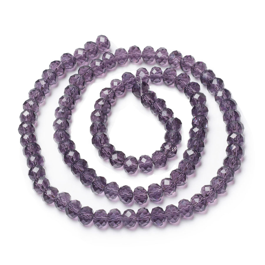 Glass Crystal Beads, Faceted, Purple Color, Rondelle, Glass Crystal Bead Strands. Shinny Crystal Beads for Jewelry Making.  Size: 8mm Diameter, 6mm Thick, Hole: 1mm; approx. 65pcs/strand, 16" inches long.  Material: The Beads are Made from Glass. Glass Crystal Beads, Rondelle, Medium Purple Colored Beads. Polished, Shinny Finish.   