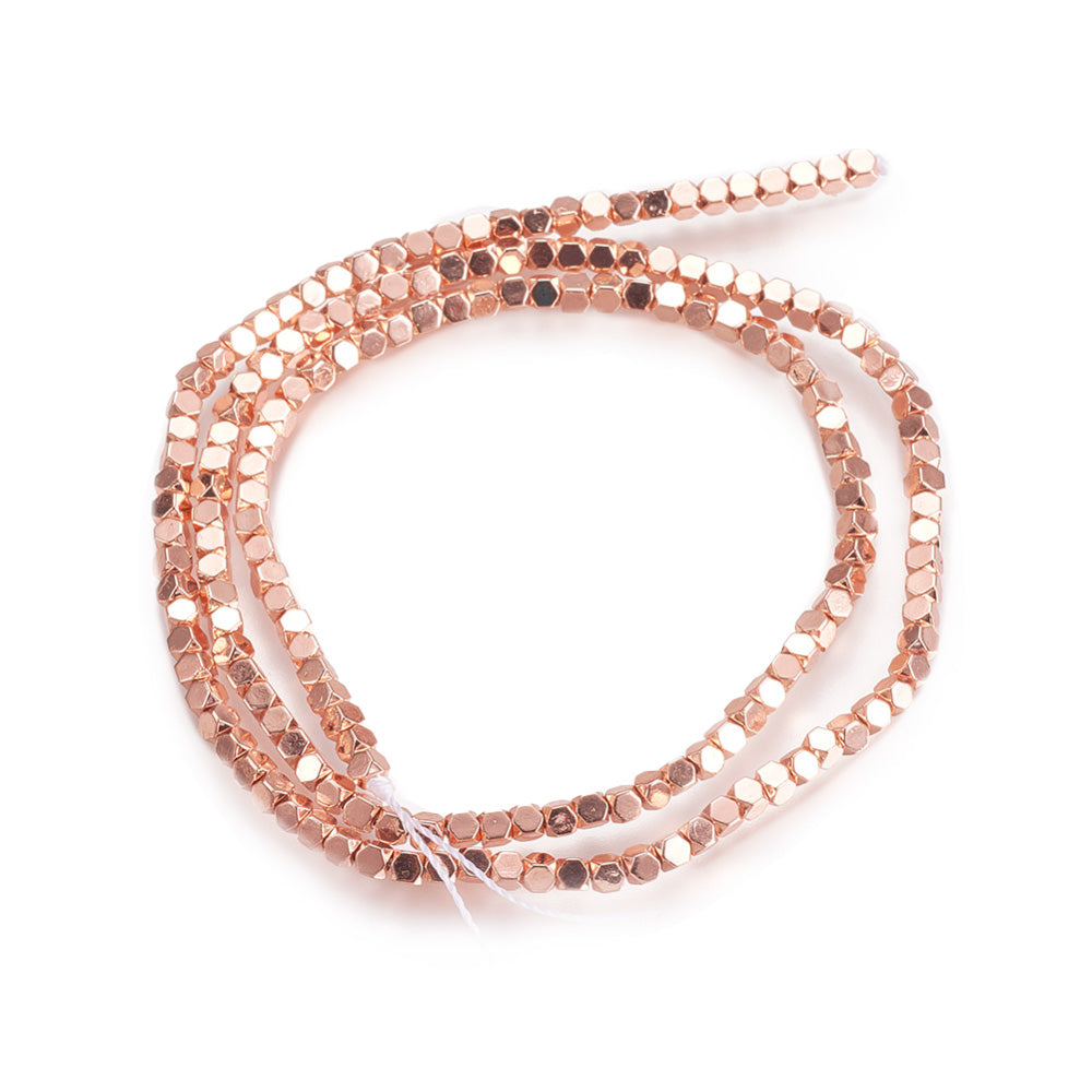 Stunning Rose Gold, Faceted, Square Hematite Spacer Beads, Electroplated Non-magnetic Synthetic Hematite Beads. Semi-Precious Stone Rose Gold Spacers for Jewelry Making.  Size: 2.5mm Length, 2mm Width, hole: 0.5mm; approx. 168-180pcs/strand, 15.7 inches.  Material: Faceted, Square Shaped, Non-Magnetic Synthetic Electroplated Rose Gold Hematite Loose Spacer Beads. Rose Gold Plated Spacers. Polished, Shinny Finish.   