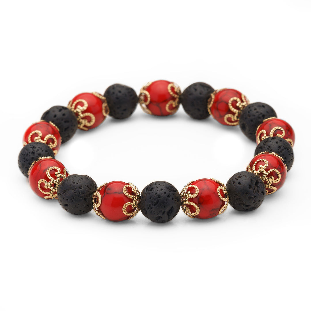 Red Howlite & Lava Rock Natural Stone Stretch Bracelet, Essential Oil Diffusing Jewelry, 10mm Semi-precious Gemstone Beads, 7.5 inches Chunky Bracelet
