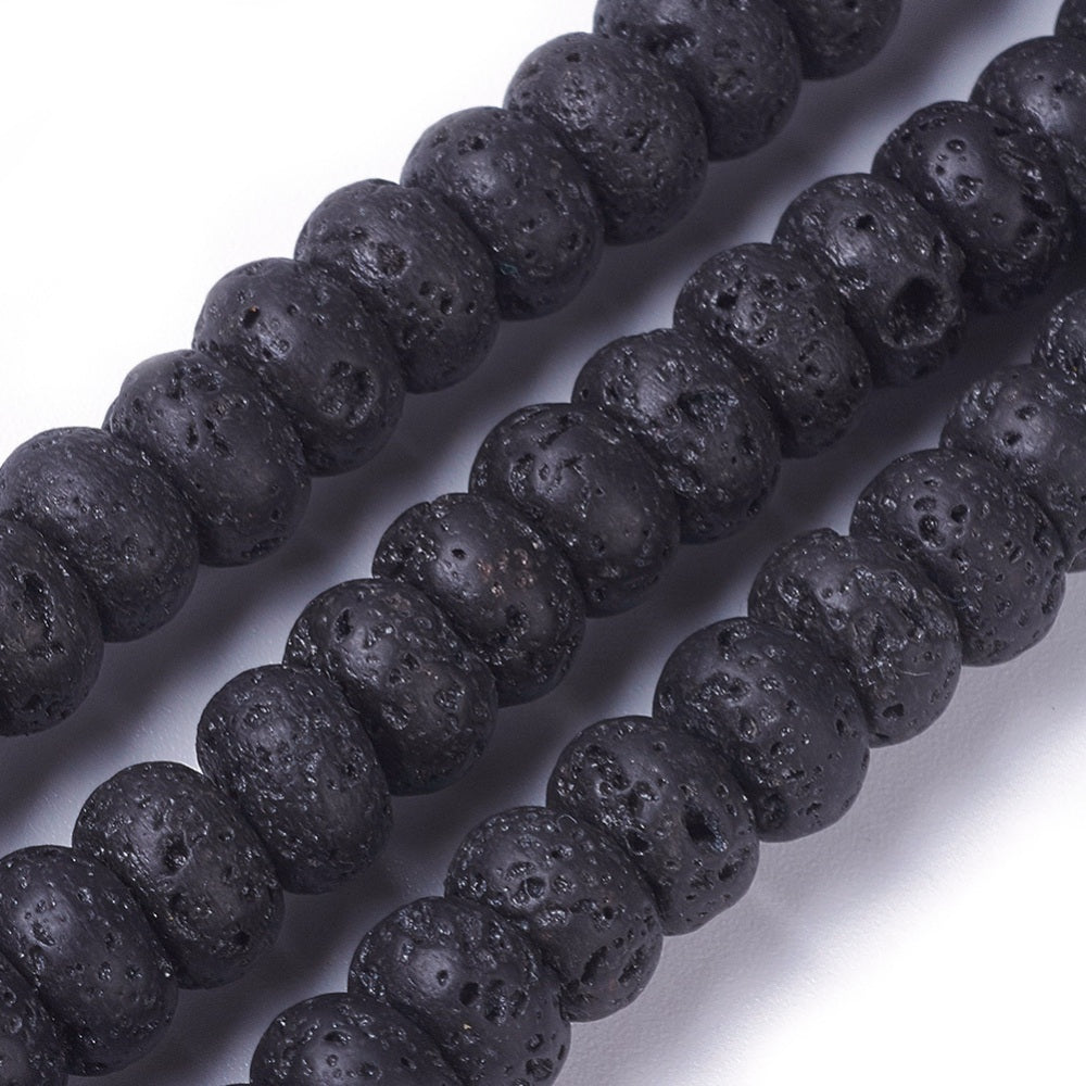 Natural Lava Rock Bead Strands, Rondelle, Bumpy, Black Color. Semi-Precious Lava Beads.  Size: 8mm Diameter, 5mm Thick, Hole: 0.8mm; approx. 72pcs/strand, 15" Inches Long.