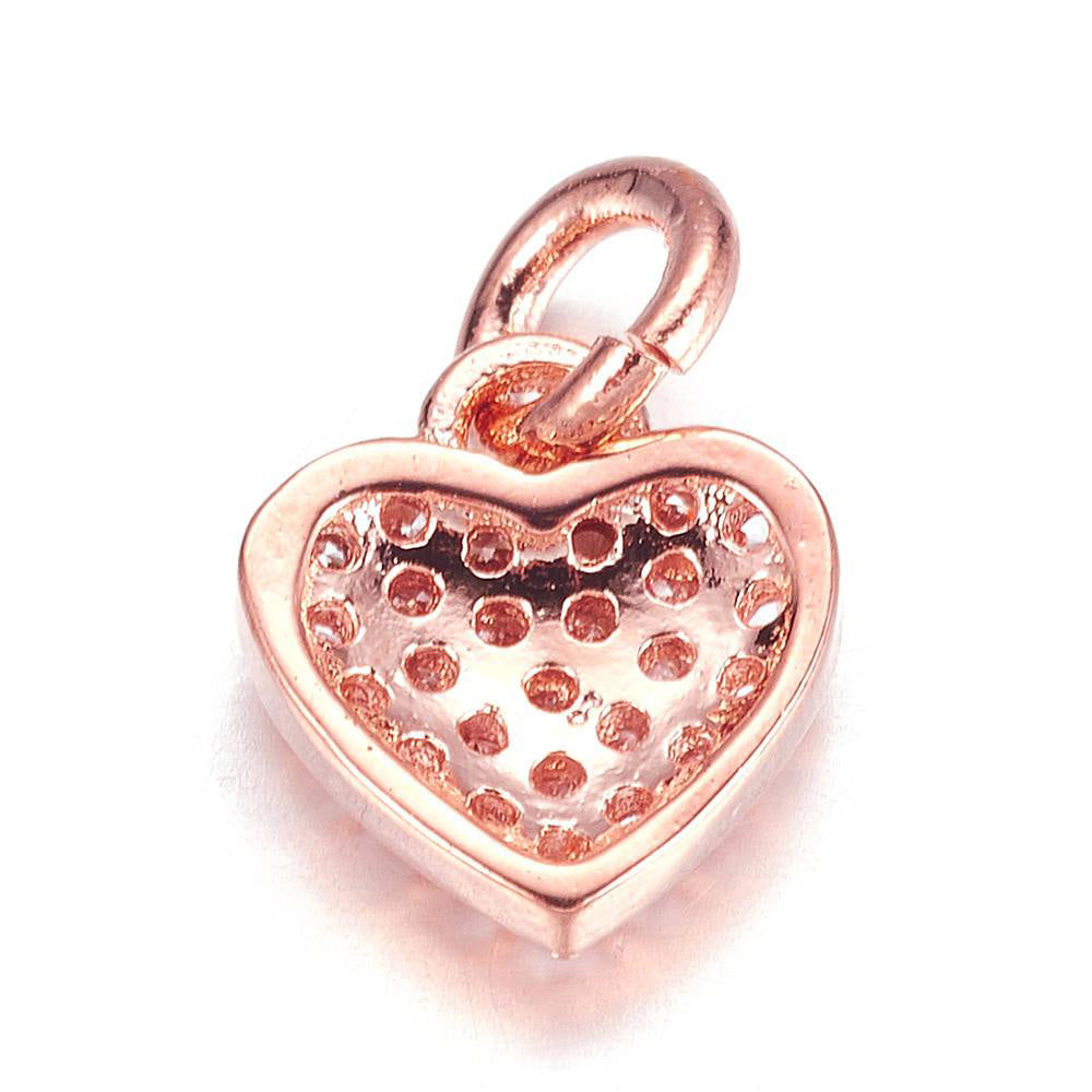 Cubic Zirconia Heart Charms, Brass Micro Pave Pendants, Rose Gold Color, 9x8mm, Qty: 1pcs