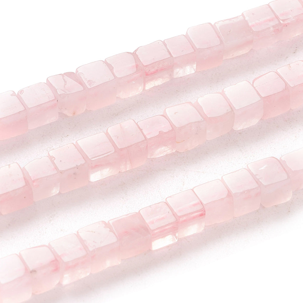 Cube Rose Quartz Beads, Pink Color. Semi-Precious Stone Beads for DIY Jewelry Making.  Size: 4mm Length, 4mm Width,  Hole: 1mm; approx. 89-92pcs/strand, 15" Inches Long.   Material: Genuine Rose Quartz, Square Cube Beads, Pink Color. Polished Finish.