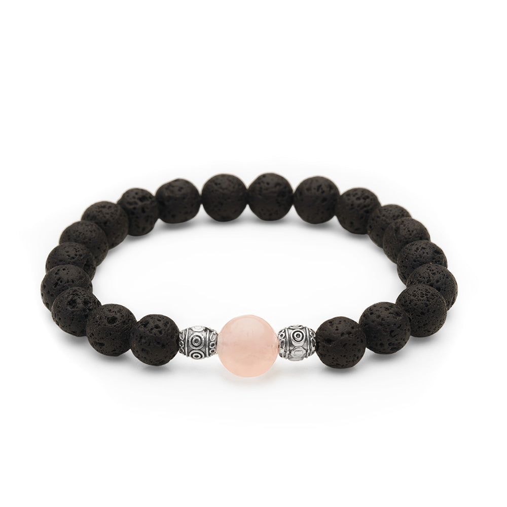 Rose Quartz & Lava Rock Stone Charm Bracelet, Essential Oil Diffusing Jewelry, Semi-precious Gemstone Beads, 7.5 inches stackable stretch bracelet, mala bracelet for women