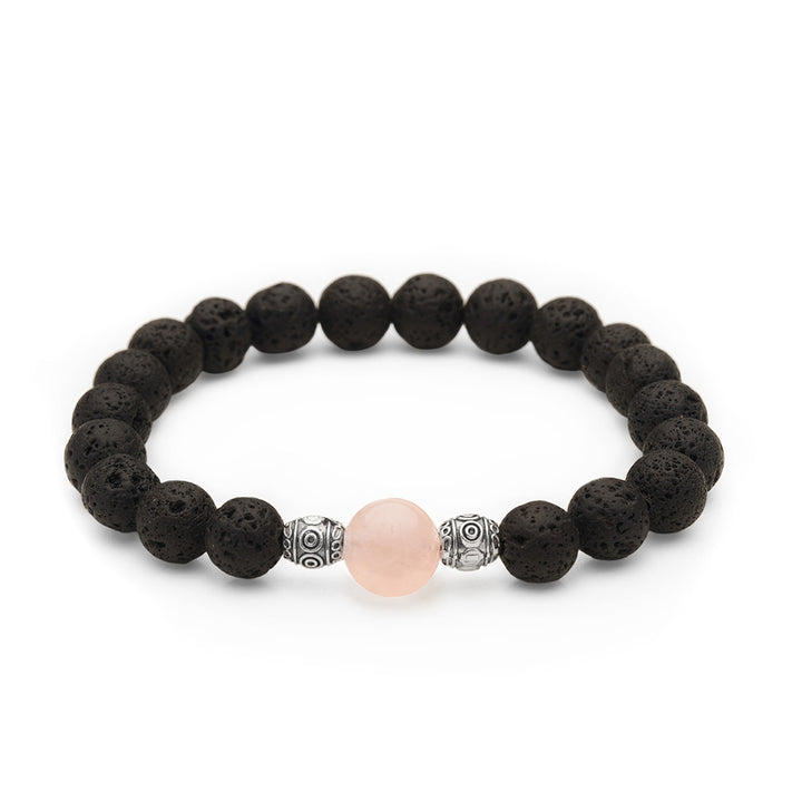 Rose Quartz &amp; Lava Rock Stone Charm Bracelet, Essential Oil Diffusing Jewelry, Semi-precious Gemstone Beads, 7.5 inches stackable stretch bracelet, mala bracelet for women