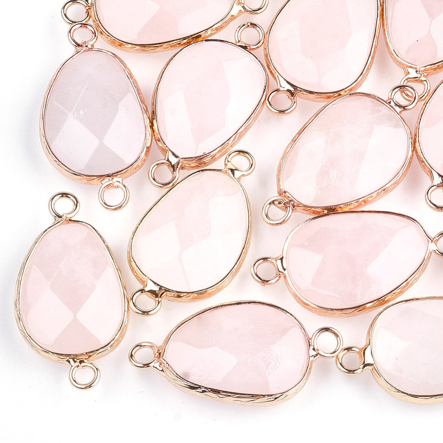 Faceted Natural Pink Rose Quartz Link Connectors, Teardrop Shape.  Soft Pink Colored Connector for DIY Jewelry Making.   Size: 27mm Length, 14mm Width, 6mm Thick, Hole: 2mm, QTY: 1pcs/bag.  Material: Genuine Rose Quartz Stone Beads. Tear Drop Shaped with Golden Brass Findings.