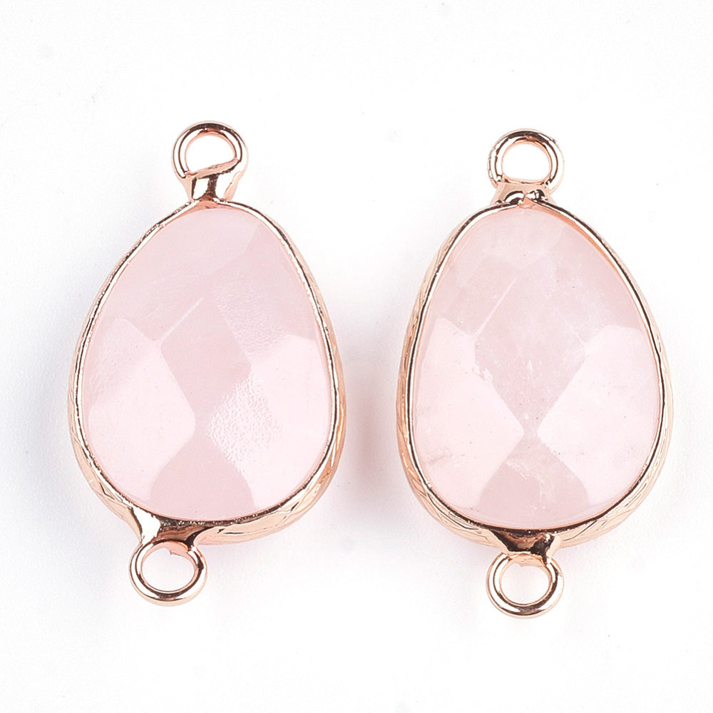 Faceted Natural Pink Rose Quartz Link Connectors, Teardrop Shape.  Soft Pink Colored Connector for DIY Jewelry Making.   Size: 27mm Length, 14mm Width, 6mm Thick, Hole: 2mm, QTY: 1pcs/bag.  Material: Genuine Rose Quartz Stone Beads. Tear Drop Shaped with Golden Brass Findings.