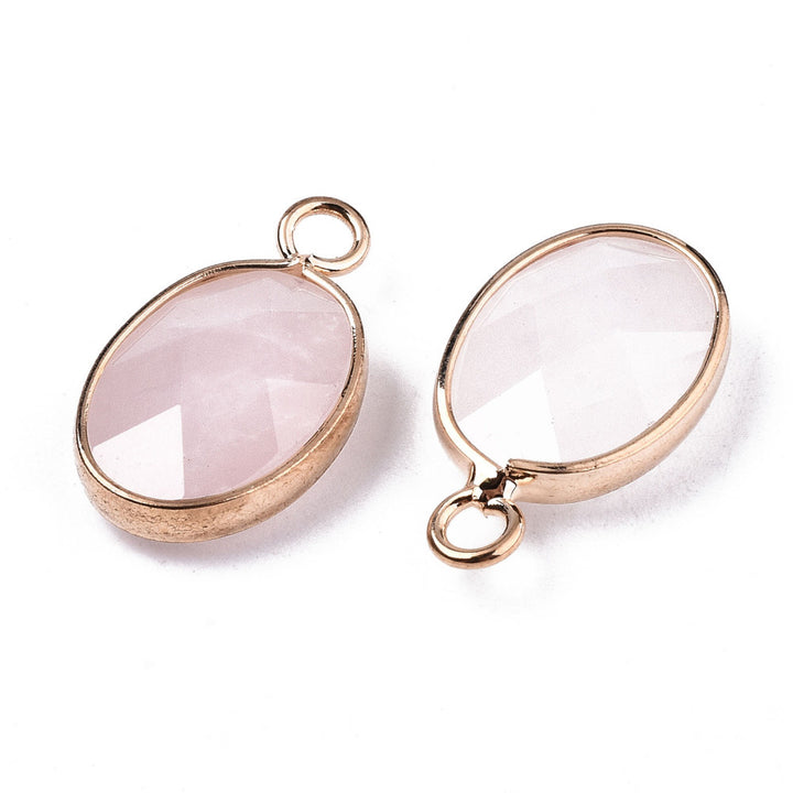 Natural Rose Quartz Faceted Oval Gemstone Pendants, Pink Color. Semi-precious Gemstone Pendant for DIY Jewelry Making. Gorgeous Centre piece for Necklaces.   Size: 19mm Length, 11mm Width, 4.5mm Thick, Hole: 2mm, Qty: 1pcs/package.  Material: Genuine Rose Quartz Stone Pendant, Light Gold Plated Brass Findings. Oval Shaped Stone Pendants. Faceted, Shinny, Polished Finish. 