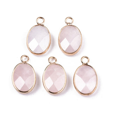 Natural Rose Quartz Faceted Oval Gemstone Pendants, Pink Color. Semi-precious Gemstone Pendant for DIY Jewelry Making. Gorgeous Centre piece for Necklaces.   Size: 19mm Length, 11mm Width, 4.5mm Thick, Hole: 2mm, Qty: 1pcs/package.  Material: Genuine Rose Quartz Stone Pendant, Light Gold Plated Brass Findings. Oval Shaped Stone Pendants. Faceted, Shinny, Polished Finish. 