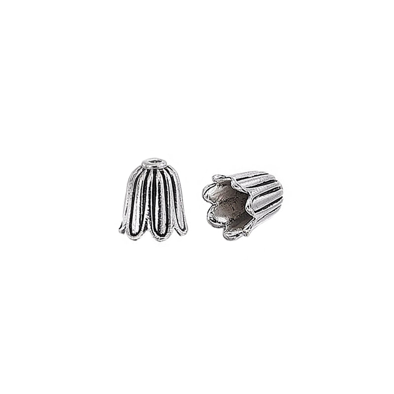 Cute Tulip Shaped Tibetan Bead Caps, Antique Silver Colored Flower Shaped Bead Caps for DIY Jewelry Making. Add the perfect Finishing Touch to Your Jewelry Designs.  Size: 10mm Diameter, 10mm Long, Hole: 1mm, Quantity: 4pcs/bag.  Material: Alloy (Lead and Nickel Free) Bead Cone. Antique Silver Color. Shinny Finish.