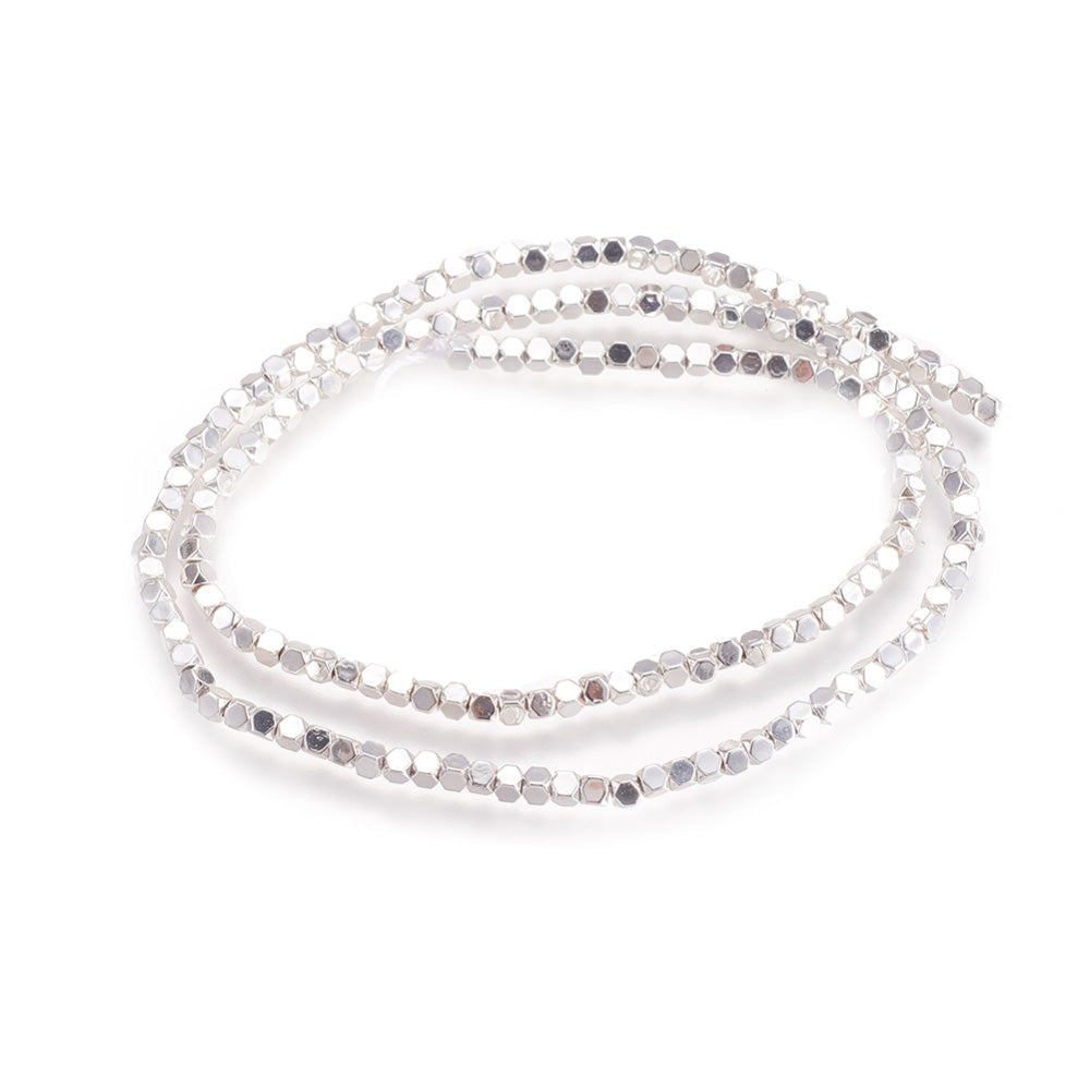 Premium grade Silver, Faceted, Square Hematite Spacer Beads, Electroplated Non-magnetic Synthetic Hematite Beads. Semi-Precious Stone Silver Spacers for Jewelry Making.  Size: 4mm Length, 4mm Width, hole: 0.8mm; approx. 93-96pcs/strand, 15.7 inches.  Material: Grade AA Faceted, Square Shaped, Non-Magnetic Synthetic Electroplated Silver Hematite Loose Spacer Beads. Platinum Silver Plated Spacers. Polished, Shinny Finish.   