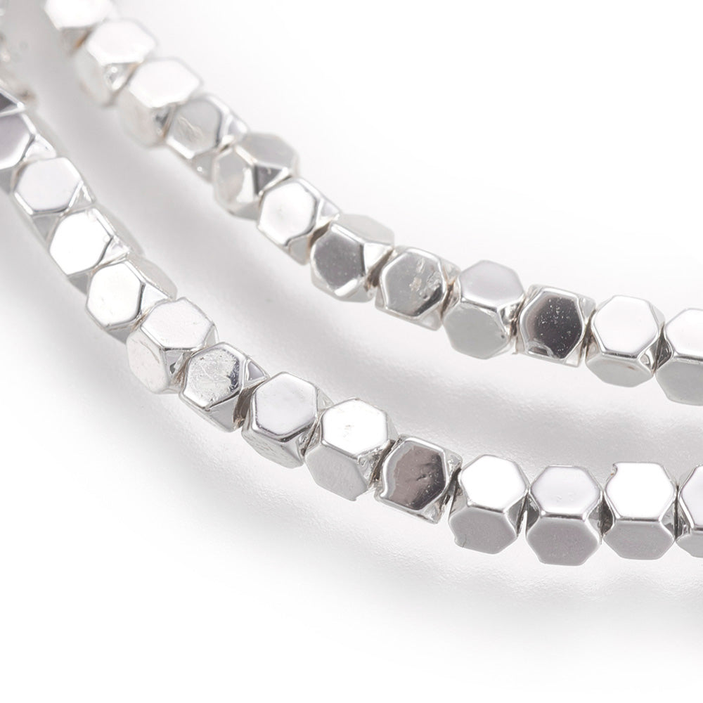 Stunning Silver, Faceted, Square Hematite Spacer Beads, Electroplated Non-magnetic Synthetic Hematite Beads. Semi-Precious Stone Silver Spacers for Jewelry Making.  Size: 2.5mm Length, 2mm Width, hole: 0.5mm; approx. 168-180pcs/strand, 15.7 inches.  Material: Faceted, Square Shaped, Non-Magnetic Synthetic Electroplated Silver Hematite Loose Spacer Beads. Silver Plated Spacers. Polished, Shinny Finish.   