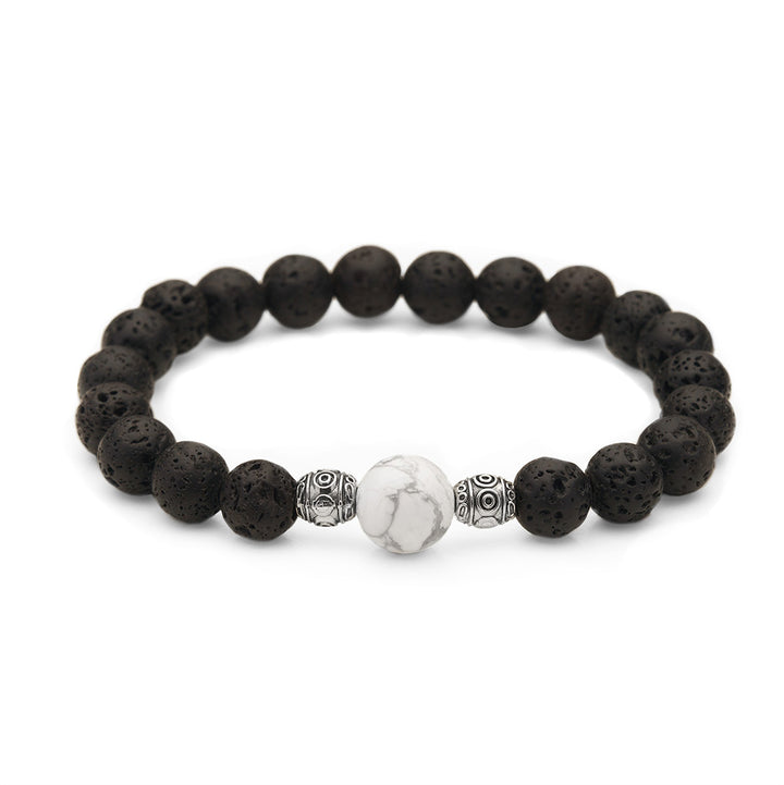 White Howlite &amp; Lava Rock Stone Charm Bracelet, Essential Oil Diffusing Jewelry, Semi-Precious Gemstone Beads, 7.5 inches stackable stretch bracelet